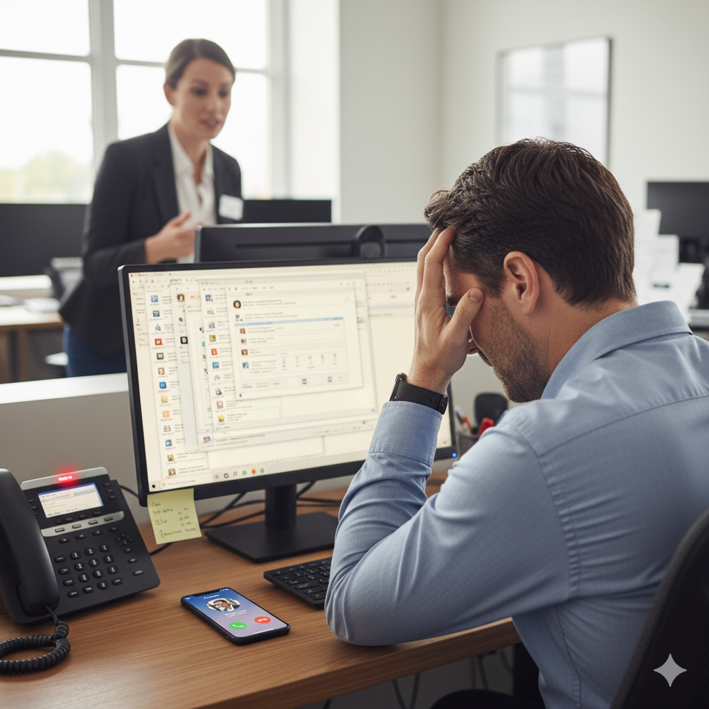 Stressed business owner looking at a computer screen